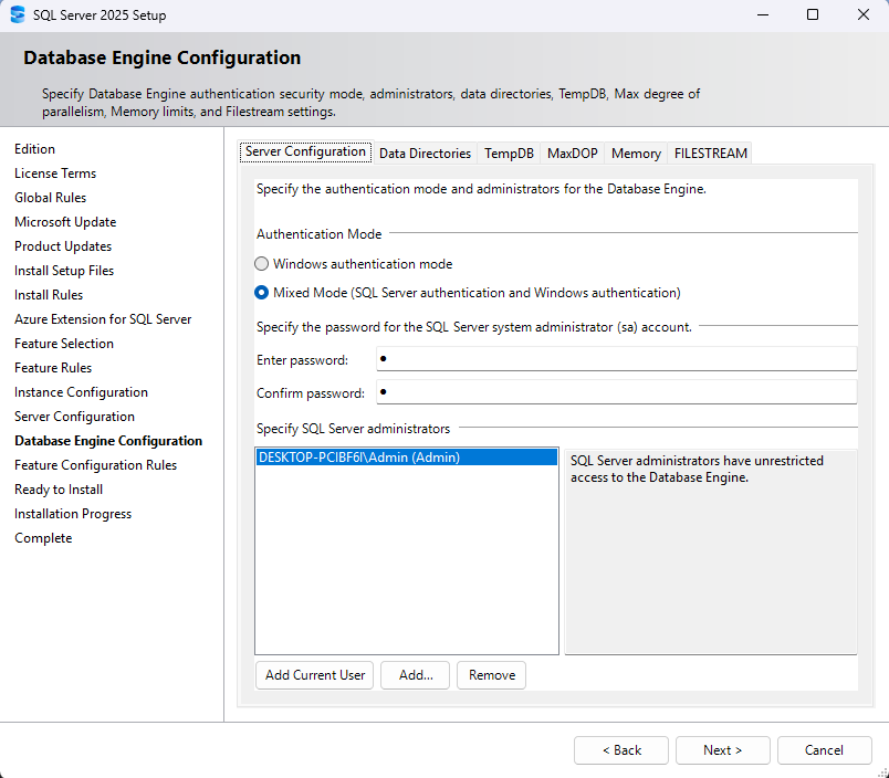 Database Engine configuration_Server Configuration